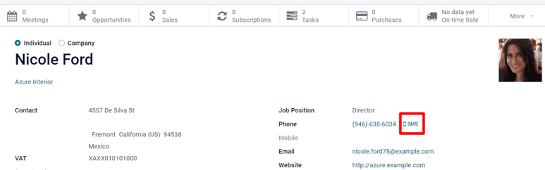 The SMS icon is located on an individual's contact form in Axis Contacts.