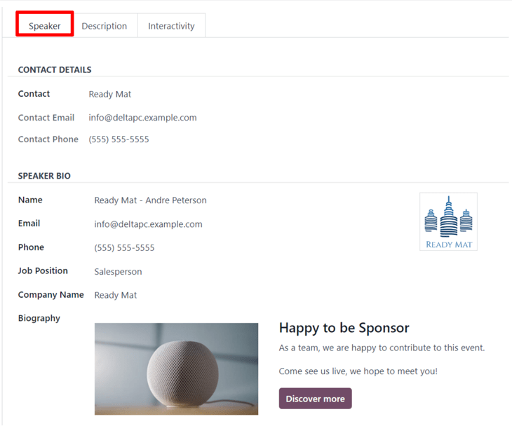 The Speaker tab on an event track form in the Axis Events application.