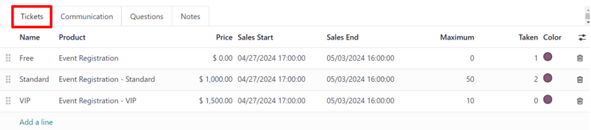 A typical tickets tab on an event form in the Axis Events application.
