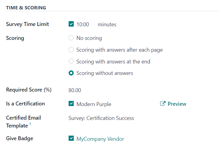 The Time and Scoring section of the Options tab on a survey form in Axis Surveys.