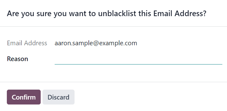 View of the unblacklist pop-up window in the Axis Email Marketing application.