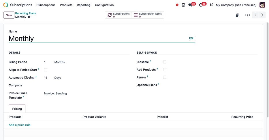 A blank recurring plan form in the Axis Subscriptions application.