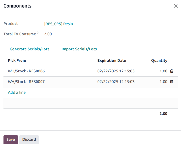 Components pop-up with expiration information for specific lot number.