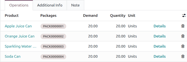 Four packages are created on the receipt form.