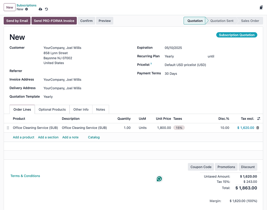 A completed example of a new subscription quotation in Axis.