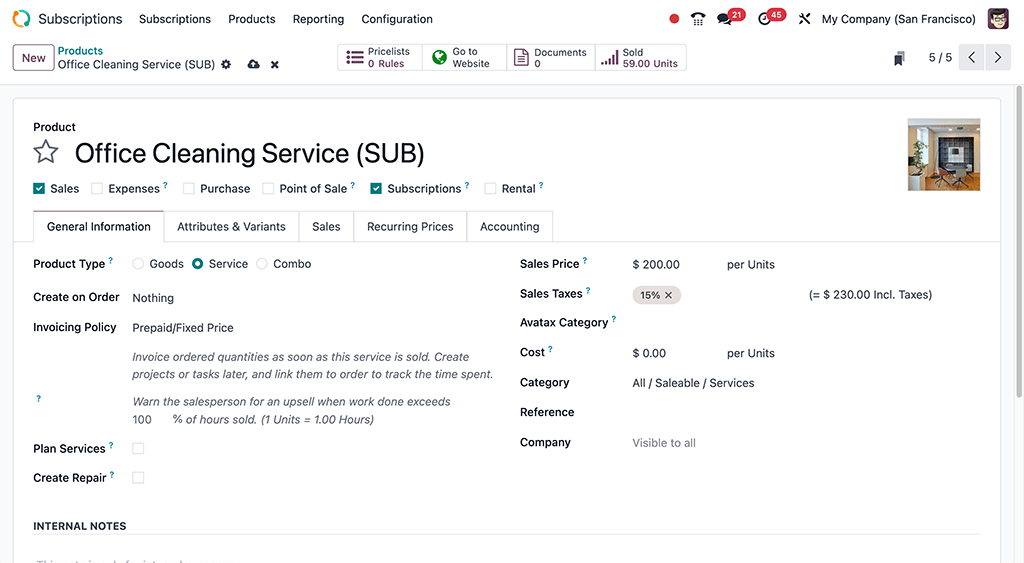 A basic subscription product form in Axis Subscriptions application.