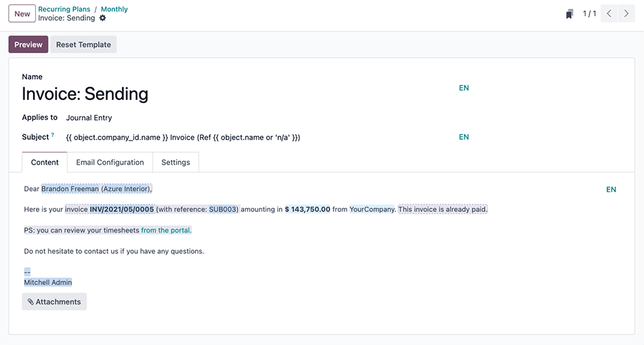 An email template in Axis used to send subscriptions invoicing messages to customers.