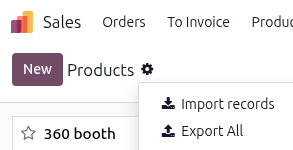 The Import records option selectable from the cog icon on the Products page in Axis Sales.