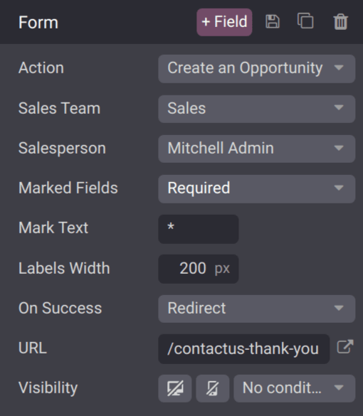 The form configuration settings on an Axis website.