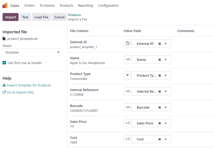 The import a file page in Axis Sales after a product template has been uploaded.
