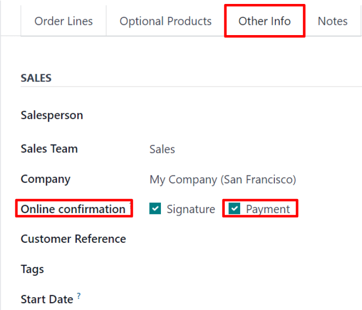 The online payment setting on a standard quotation in Axis Sales.