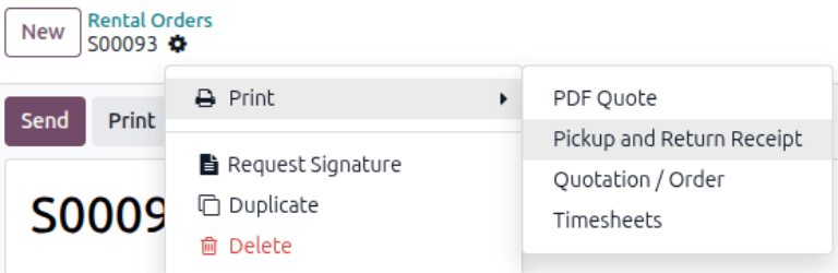 The pickup and return receipt print option in the Axis Rental application.