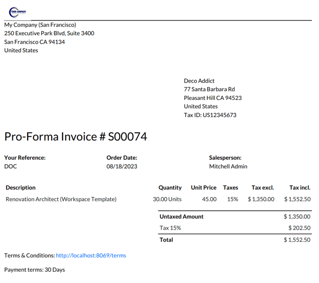 Sample pro-forma invoice PDF from Axis Sales.