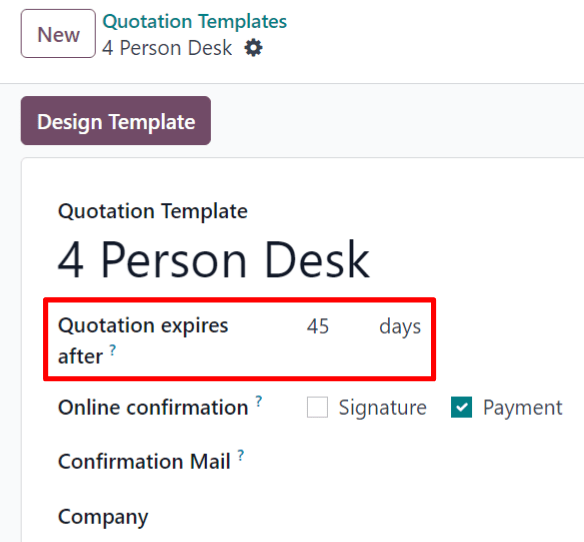 The quotation expires after field on a quotation template form in Axis Sales.