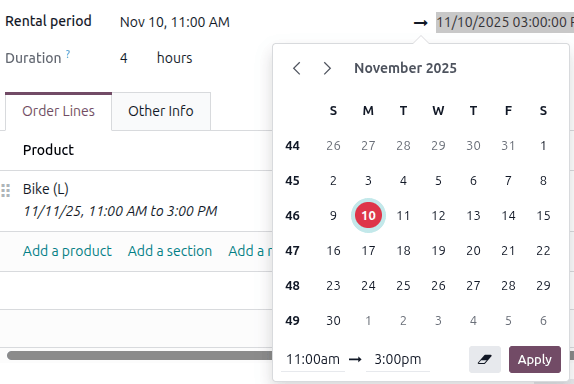 Sample of a rental period calendar pop-up window in the Axis Rental application.