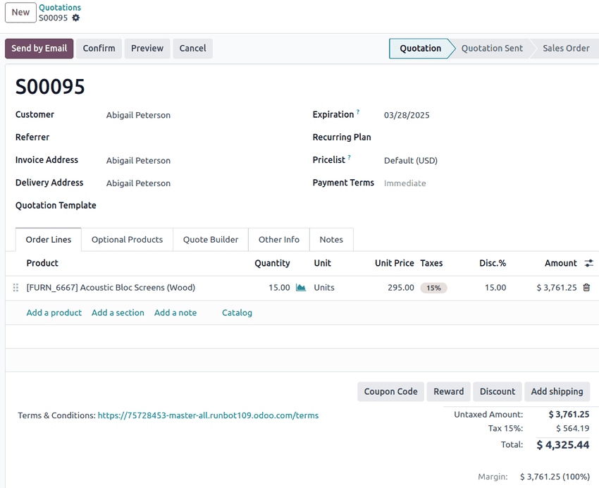 Unconfirmed sales quotation in Axis **Sales** app.