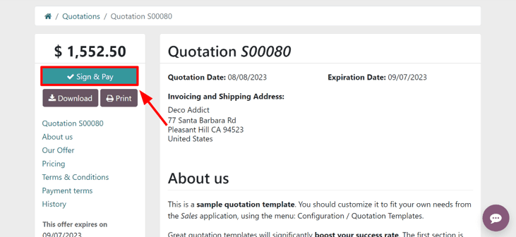 The Sign and Pay button present on online quotations in Axis Sales.